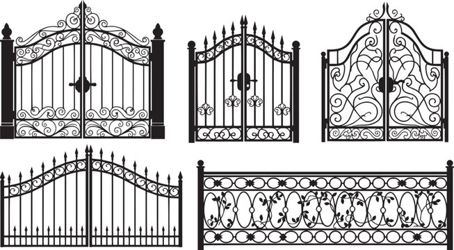 Silhouette vector collection of ornate wrought iron gates isolated on white background