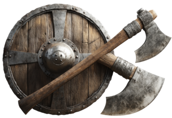 Wooden shield and battle axe.  Medieval weaponry,  rustic design