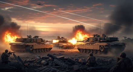 Tanks in combat at sunset