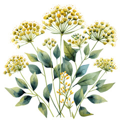watercolor vector of Fennel Flower, isolated on a white background.