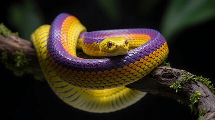 Fototapeta premium Vibrant coiled serpent on mossy branch snake reptile