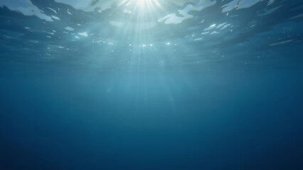 Obraz premium Ultrarealistic Conceptual Background of a Serene Underwater Scene with Sunbeams and Sparkling Particles Piercing Through the Ocean Surface, Creating a Calm and Mysterious Ambiance for Nature and Abstr