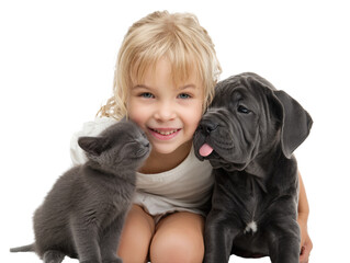 Kid cuddling fluffy puppy and kitten transparent background