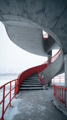 Abstract Spiral Concrete Staircase with Red Railing in Winter