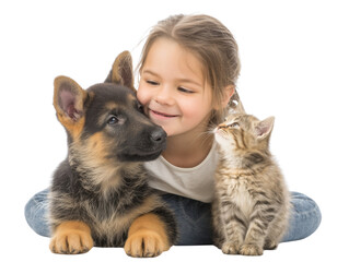 Kid cuddling fluffy puppy and kitten transparent background