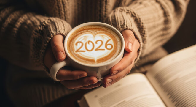 Cozy coffee with a heart and the year 2026