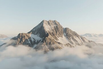 Mountain peak above clouds, sunrise, scenic, aerial view, travel poster