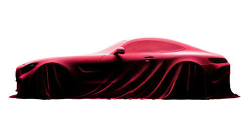 Red sports car, draped in a stylized fabric
