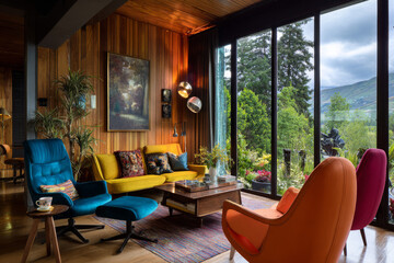 Fototapeta premium Cozy retro-inspired living room with colorful furniture, wood panel walls and panoramic garden view