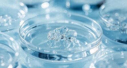 Transparent Crystal-like Shapes in Petri Dish Reflecting Light on Blue Background