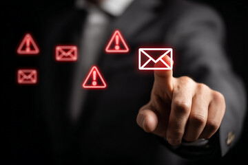 Red glowing alerts overlayed on a dark backdrop of a person in a suit, illustrating data protection, cybersecurity or a technology warning.