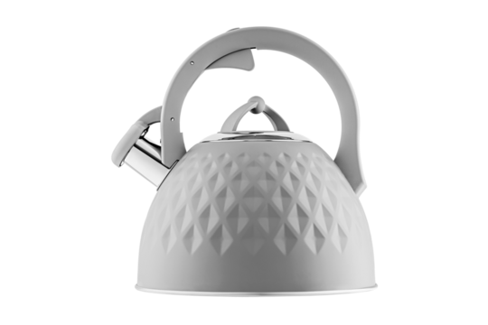 kettle with whistle, matte Gray color, with rhombus texture on isolated and white background close-up