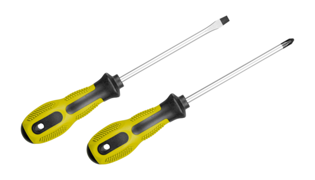 A set of two screwdrivers, flat and Phillips, with ergonomic Yellow handles suits various DIY projects. Their sturdy design ensures reliable performance on isolated white background close-up