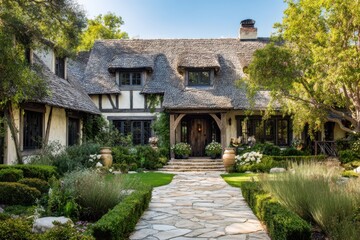 Fototapeta premium This delightful cottage-style residence boasts a stunning garden and a charming stone pathway, all set in a sunny suburban neighborhood during daylight hours.