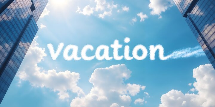 Skywriting “Vacation” against a bright blue sky between two glass skyscrapers