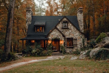 Nestled in a tranquil woodland setting, this enchanting stone cottage is enveloped by vibrant autumn foliage, making it the ideal cozy retreat or getaway for relaxation