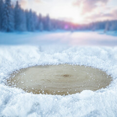 Winter snow with forest and mountain background with copy space for product or winter-themed promotions, holiday campaigns, outdoor clothing brands.