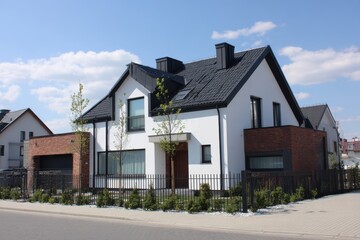Modern residential house located in a suburban neighborhood under a clear blue sky with sunlight illuminating its architectural features and well-maintained landscaping
