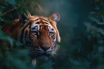Tiger staring through jungle leaves