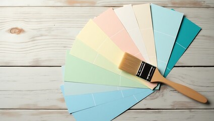 Paint swatches and brush on a light wooden surface