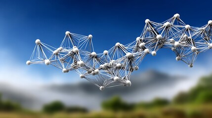 Wireframe-style triangular grid stretched across a foggy gradient background, giving depth and futuristic design