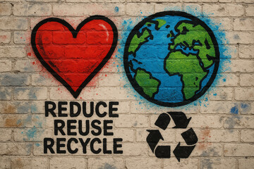Naklejka premium Eco Street Art with Heart, Earth, and Recycle Message – Reduce Reuse Recycle