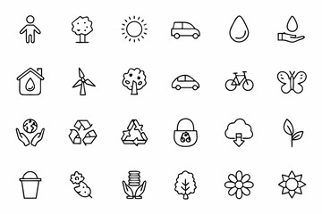 Fototapeta premium A minimalistic eco-themed line art set depicting harmony between humanity and nature — ideal for sustainability blogs, packaging, and green branding