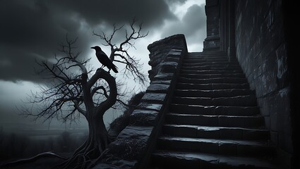 Mysterious crow perched on a twisted tree beside ancient stone stairs under a stormy sky