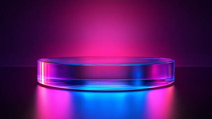 Sleek glass podium bathed in vibrant neon pink and blue light, perfect for product showcases
