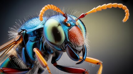 Metallic blue insect with orange antennae and large compound eyes macro