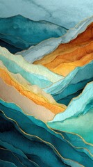 Abstract Teal Gold Beige Watercolor Mountains Landscape