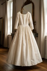 Elegant ivory satin gown adorned with cascading pearls pearl embellishments long sleeves