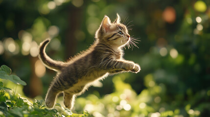 Adorable tabby kitten leaps playfully in sun-drenched green garden, capturing joyful motion