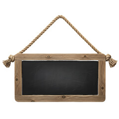 Obraz premium Rustic wooden framed blackboard hanging by rope isolated on a transparent background chalkboard png, cut out, clipping path, social media, Advertisement, high quality, HD photo, close up.
