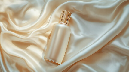 Luxurious cosmetic bottle rests elegantly on flowing satin, hinting at premium beauty and skincare.