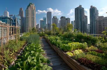 Fototapeta premium Panoramic urban rooftop vegetable garden surrounded by modern skyscrapers under bright blue summer sky
