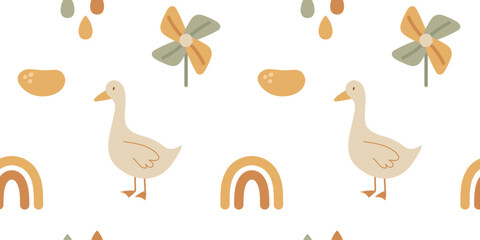 Seamless boho pattern with ducks rainbows and florals in soft beige tones