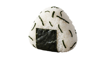Close up of a single onigiri rice ball with seaweed isolated on transparent background, a popular japanese snack and convenient meal option for lunch or a quick bite