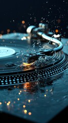 Abstract Turntable with Water Splashes and Glowing Lights
