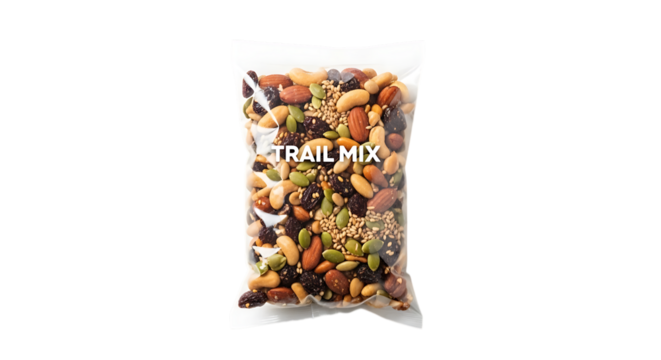 Trail mix in a labeled transparent bag isolated on transparent background, a healthy and convenient snack with nuts, seeds, and dried fruits, perfect for hiking, camping, or travel