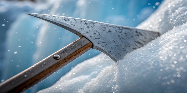 Cold adventure unfolds as a sturdy pickaxe breaks through glistening ice during an exhilarating winter expedition Generative AI
