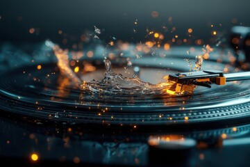 Abstract Turntable with Water Splashes and Glowing Lights
