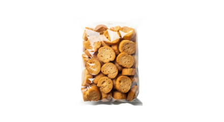 Bag of crispy mini toasts isolated on transparent background, perfect for a quick snack or appetizer, these crunchy bites are a delicious and convenient addition to any meal