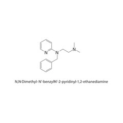 N,N-Dimethyl-N’-benzyl-N’-2-pyridinyl-1,2-ethanediamine skeletal structure. Diamine compound schematic illustration. Simple diagram, chemical formula.