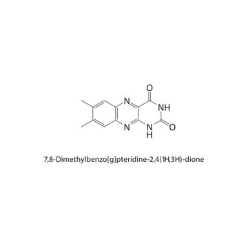 7,8-Dimethylbenzo[g]pteridine-2,4(1H,3H)-dione skeletal structure. Pteridine compound schematic illustration. Simple diagram, chemical formula.