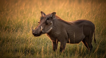 Fototapeta premium Warthog in golden savanna light