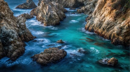 Abstract View of Turquoise Water Flowing Between Jagged Rocks in a Peaceful Coastal Landscape