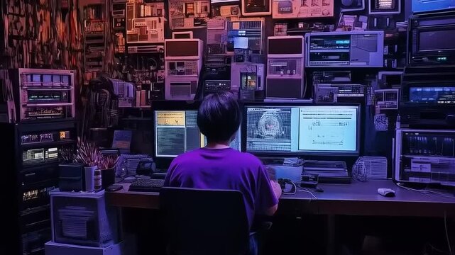 Concentrated coder in a cluttered, retro tech filled space illuminated by neon lights