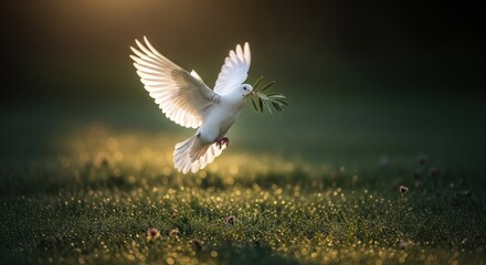 Obraz premium White dove in flight, olive branch, sunrise