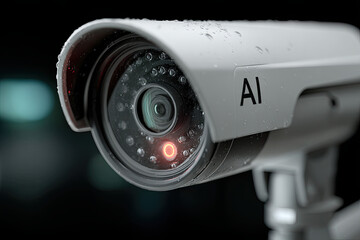 Close-up of smart AI security surveillance camera with infrared night vision and raindrops, advanced technology for safety, privacy monitoring, modern protection system, futuristic CCTV concept

